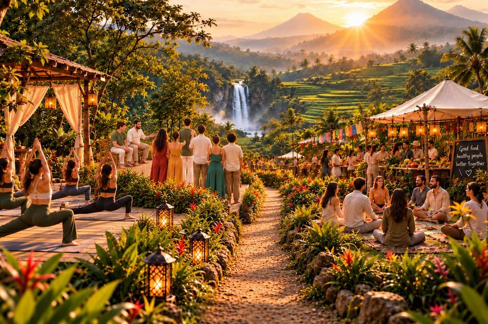 Yoga, a sharing circle and a garden market at sunrise, with Bali's rice terraces and mountains behind